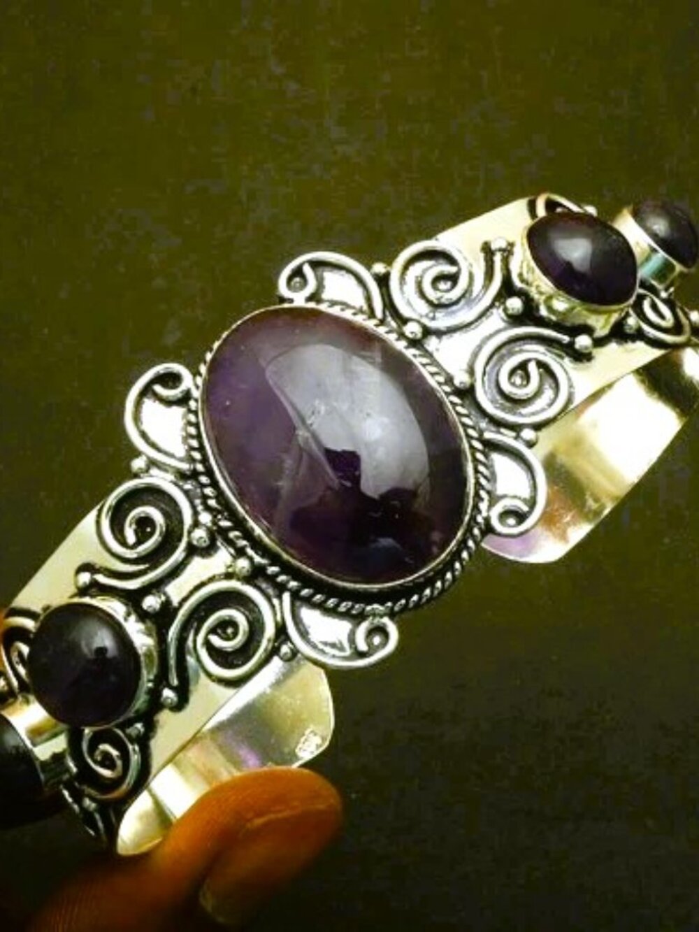 Amethyst Gemstone Sterling Silver Handmade Adjustable Bangle Jewelry 29 Gms